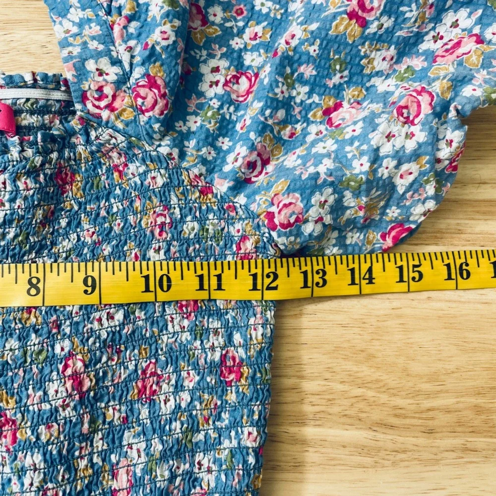 Betsey Johnson Blue Floral Smocked Mini Dress Puff Sleeve Pink Trim  M - Picture 7 of 8
